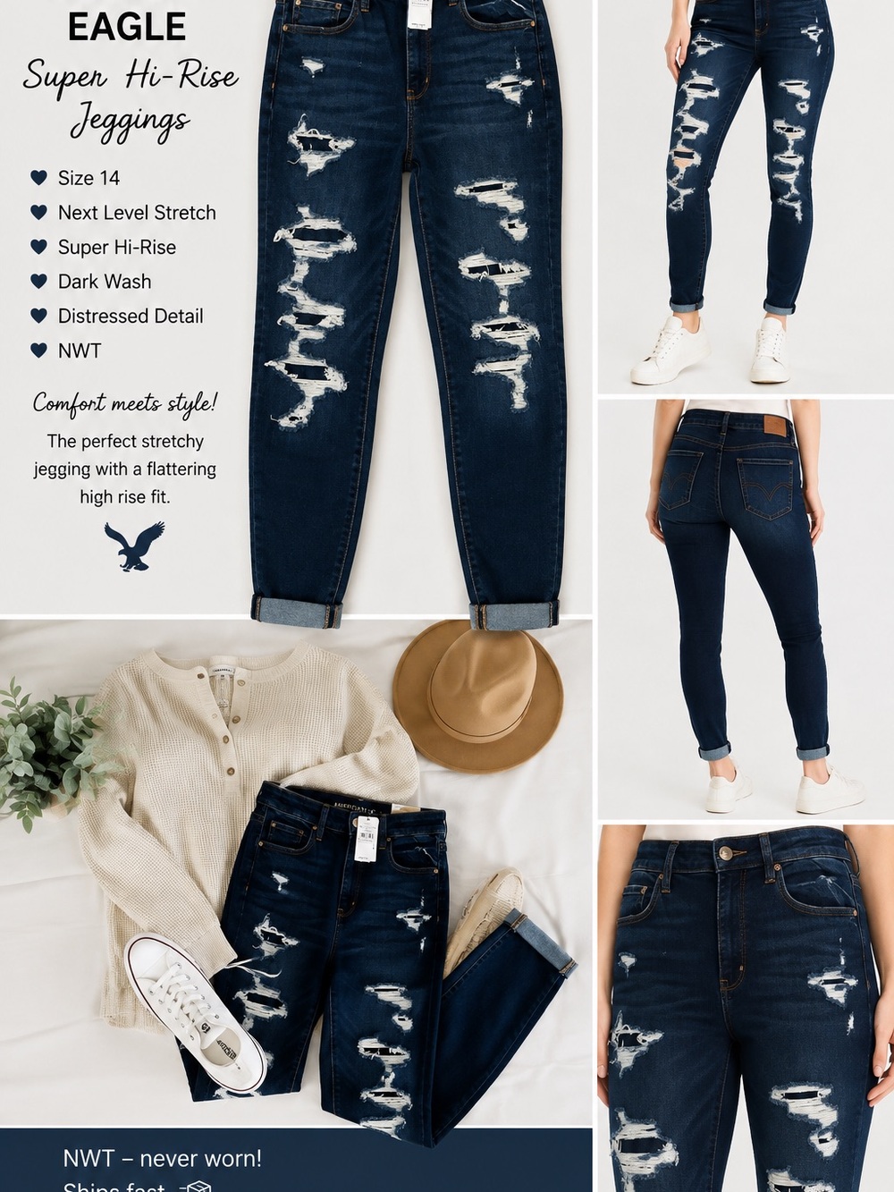 American Eagle Outfitters Dark Blue Distressed Super Hi-Rise Jeggings